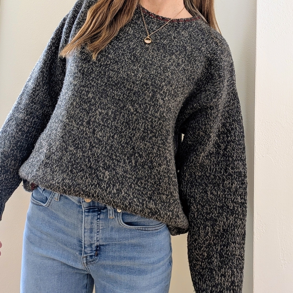 Vintage Eddie Bauer Textured Speckled Wool Blend Crewneck In Gray/Burgundy - Picture 2 of 8